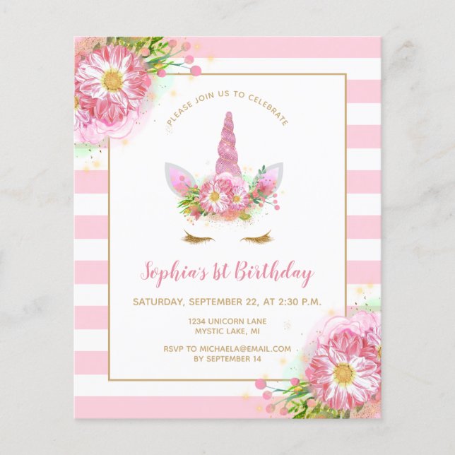 Budget Pink Unicorn Girls Birthday Invitation (Front)
