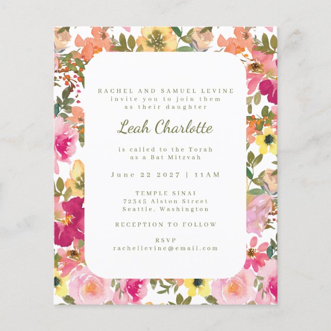 Budget Pink Watercolor Floral Bat Mitzvah Invite (Front)