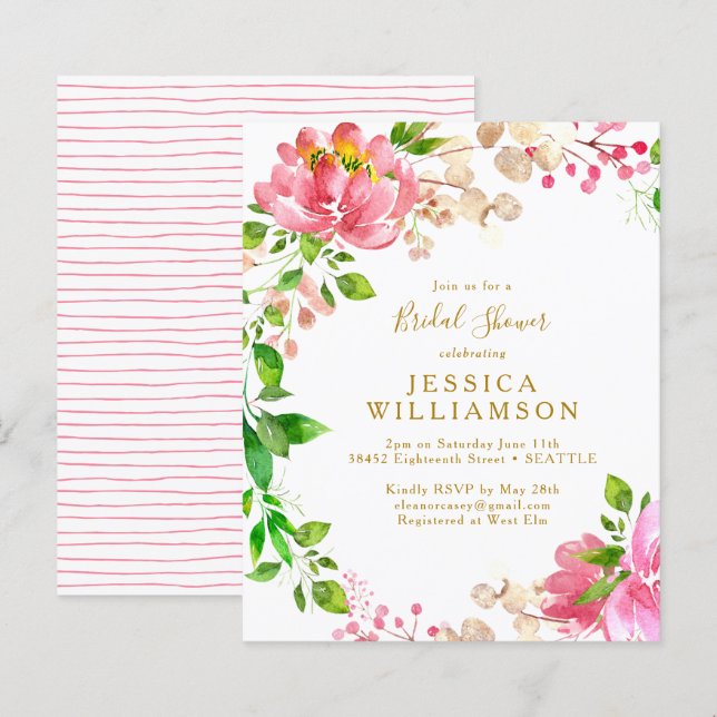 Budget Pink Watercolor Floral Bridal Shower Invite (Front/Back)