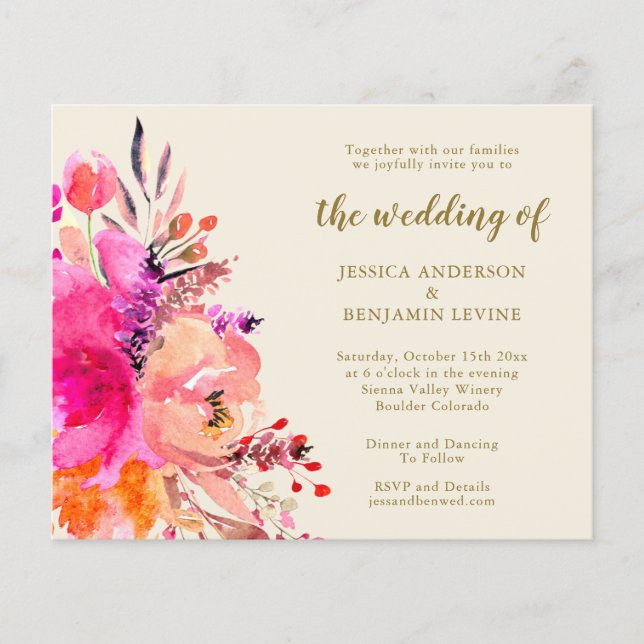 Budget Pink Watercolor Floral Wedding Invite (Front)
