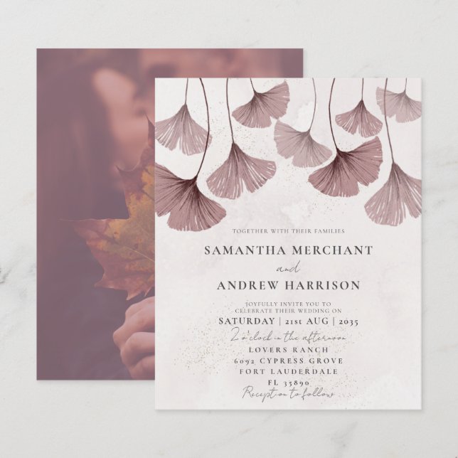Budget Pink Watercolor Ginkgo Wedding Invitation (Front/Back)