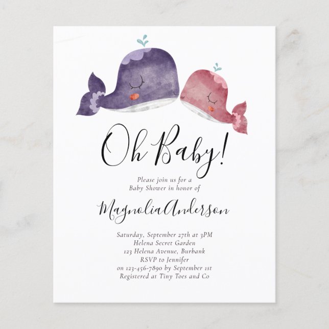 BUDGET Pink Whale Baby Shower Invitation (Front)