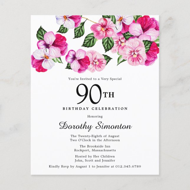 Budget Pink White Floral 90th Birthday Invitation (Front)