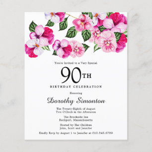 Budget Pink White Floral 90th Birthday Invitation