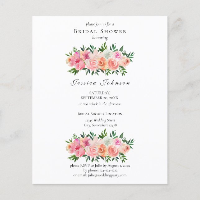 Budget Pink & White Floral Bridal Shower Flyer (Front)