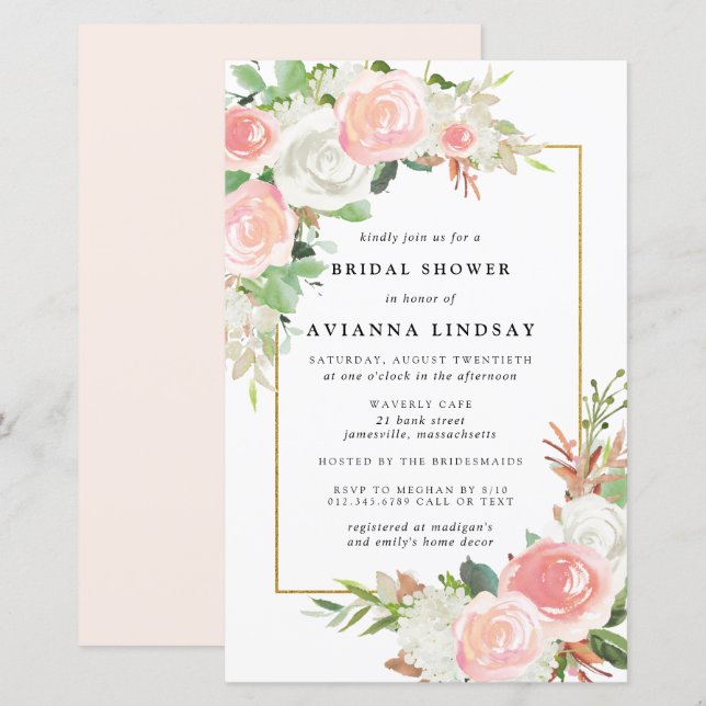 Budget Pink White Floral Bridal Shower Invitation (Front/Back)