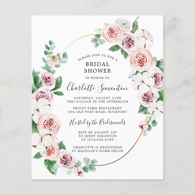 Budget Pink White Floral Bridal Shower Invite (Front)