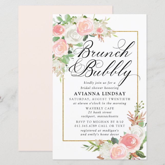 Budget Pink White Floral Brunch Bubbly Invite (Front/Back)