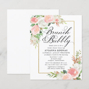Budget Pink White Floral Brunch Bubbly Invite