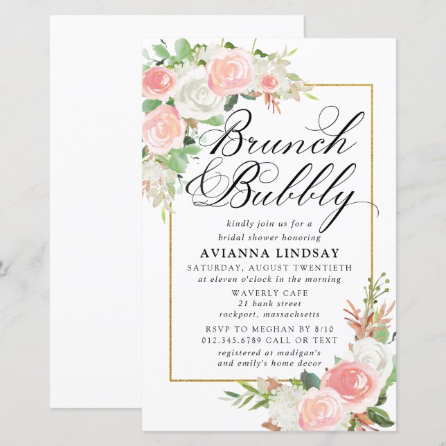 Budget Pink White Floral Brunch Bubbly Invite (Front/Back)
