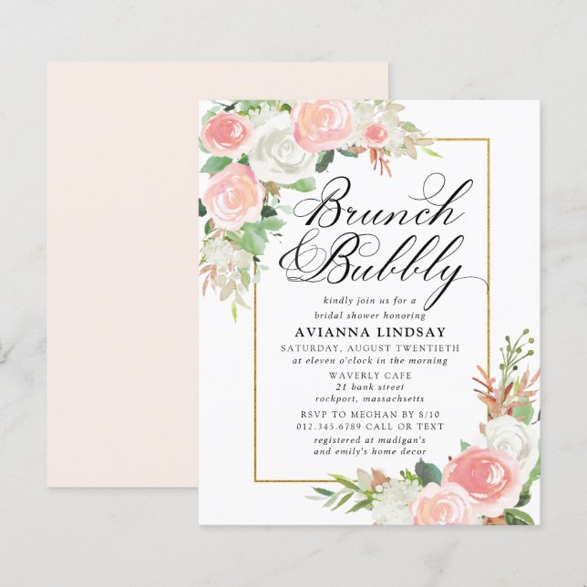 Budget Pink White Floral Brunch Bubbly Invite (Front/Back)