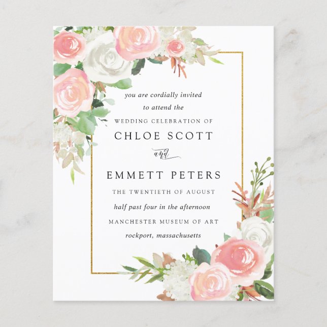 Budget Pink White Floral Rustic Wedding Invitation (Front)