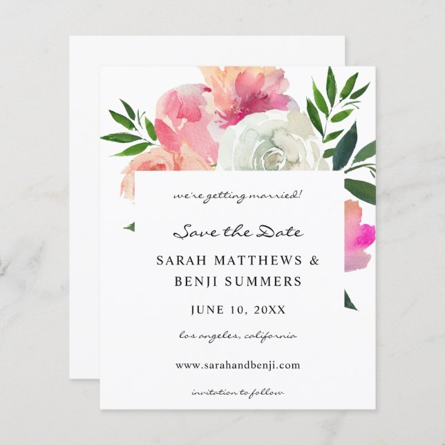 Budget Pink & White Grey Floral Save the Date 2 (Front/Back)