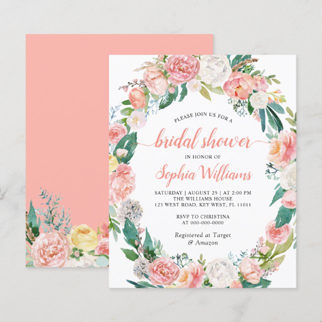 Budget Pink & White Rose Bridal Shower Invitation (Front/Back)