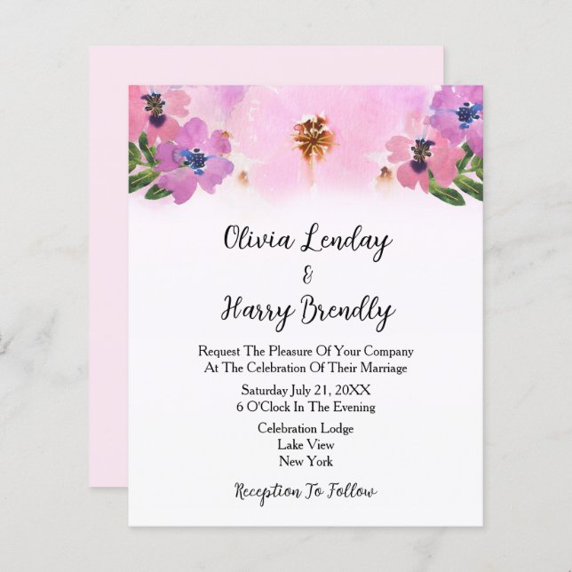 Budget Pink Wild Flower Garden Wedding Invitation (Front/Back)
