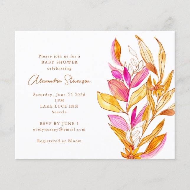 Budget Pink Yellow Floral Baby Shower Invitation (Front)