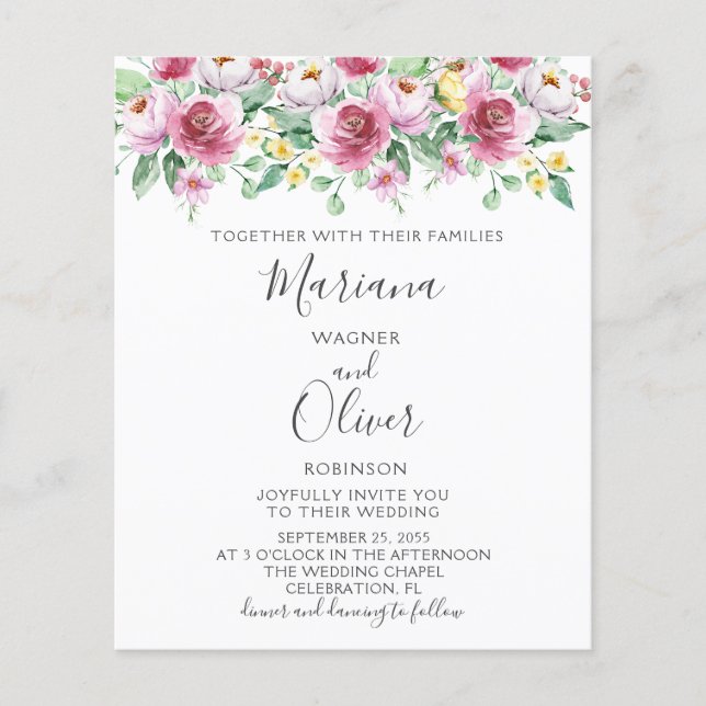 Budget Pink Yellow Floral Wedding Invitations Flyer (Front)