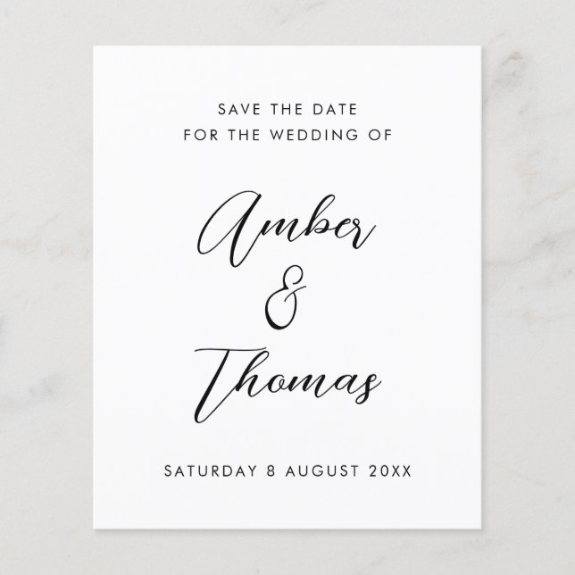 Budget Plain Black & White Calligraphy Save Date (Front)