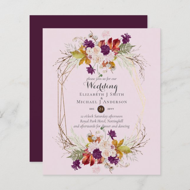 BUDGET Plum and Coral Floral Wedding Invitation (Front/Back)