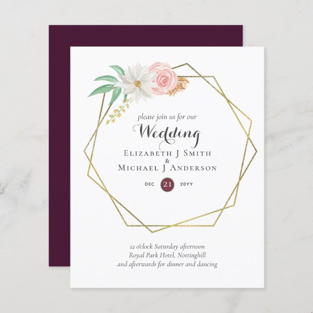 BUDGET Plum and Coral Floral Wedding Invitation (Front/Back)