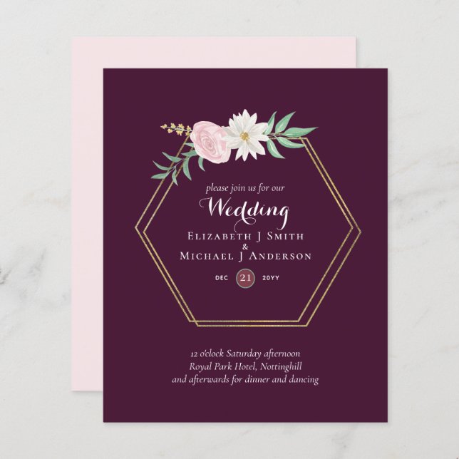 BUDGET Plum and Coral Floral Wedding Invitation (Front/Back)