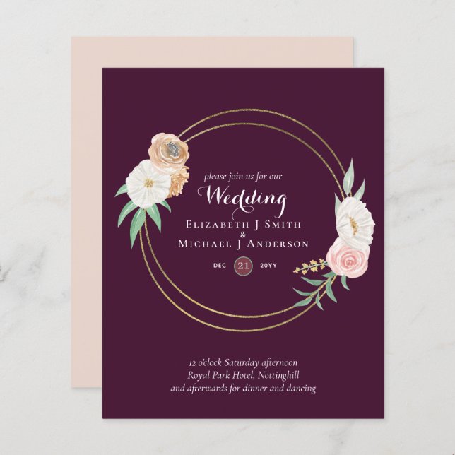 BUDGET Plum and Coral Floral Wedding Invitation (Front/Back)