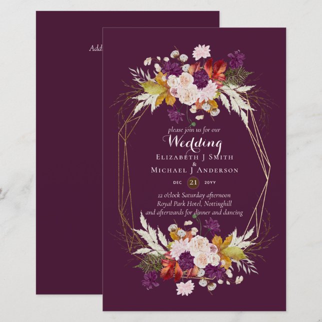 BUDGET Plum and Coral Wedding Invitations A9 (Front/Back)