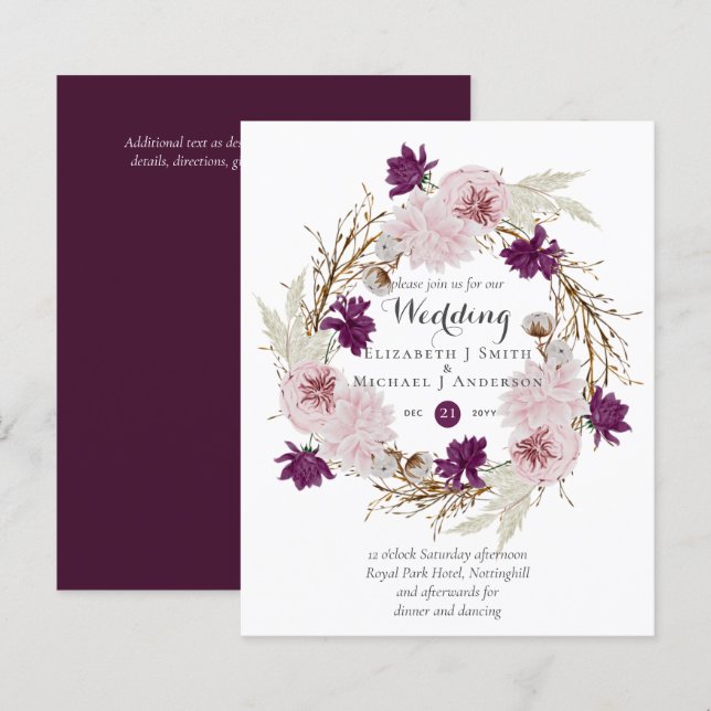 Budget Plum Blooms Blush Wreath Wedding Invites (Front/Back)