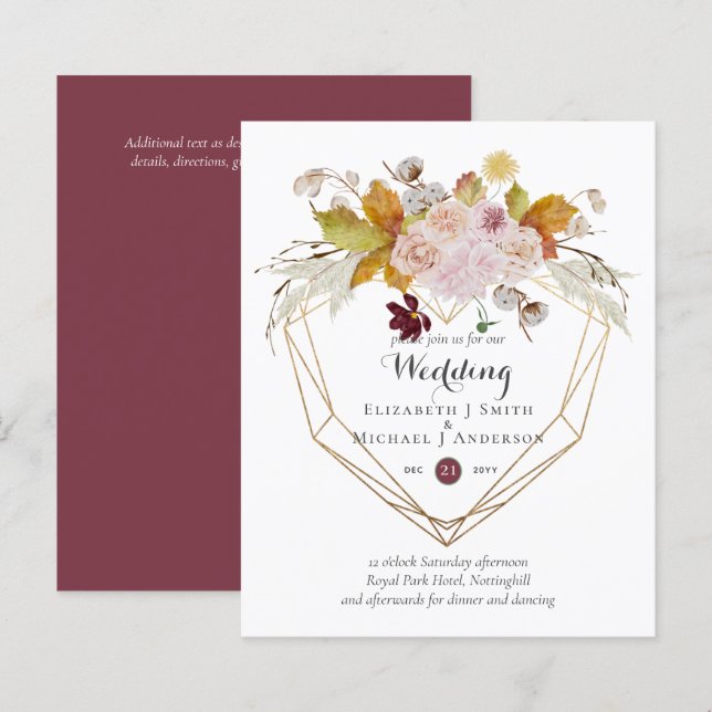 Budget plum Blush Pink Floral Wedding Invites (Front/Back)