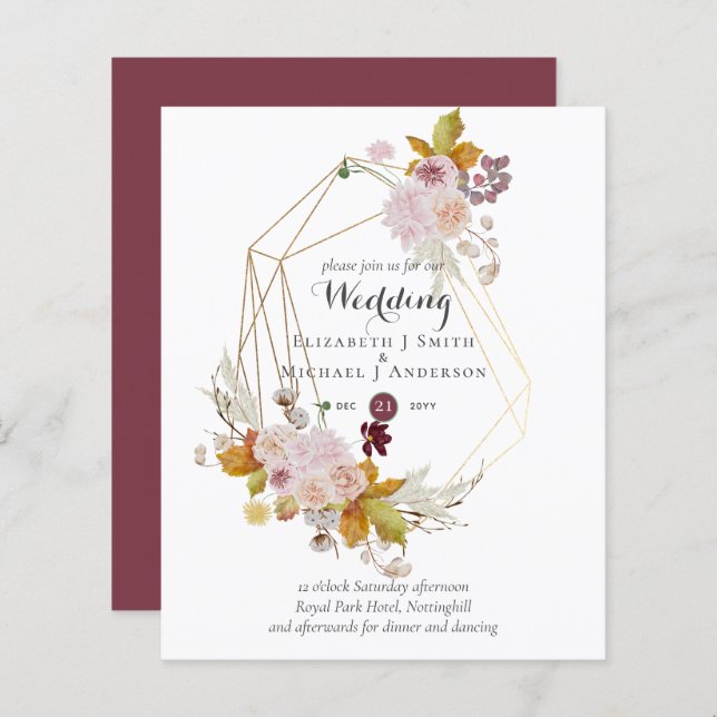 Budget plum Blush Pink Floral Wedding Invites (Front/Back)