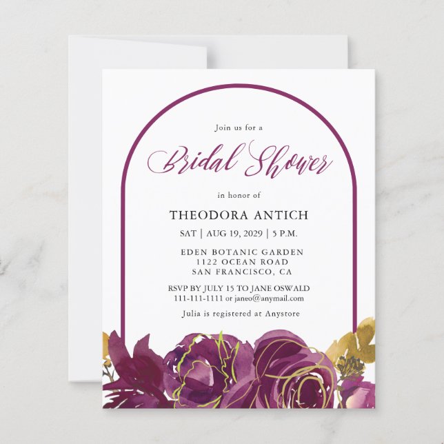 Budget Plum Floral Arch Bridal Shower Invitation (Front)
