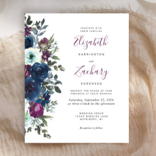 Budget Plum Floral Navy Blue Wedding Invitation