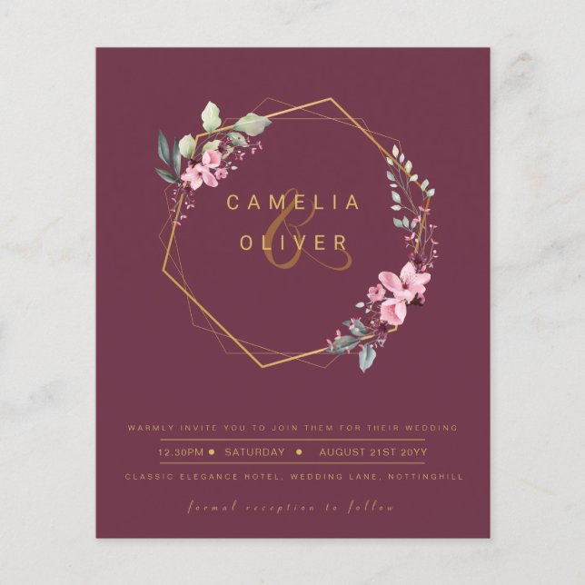 BUDGET Plum Floral Wedding Invite QR Code RSVP Fly Flyer (Front)
