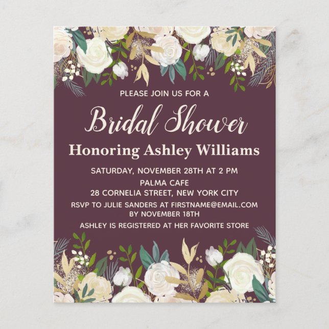 Budget Plum Greenery Rose Bridal Shower Invitation (Front)