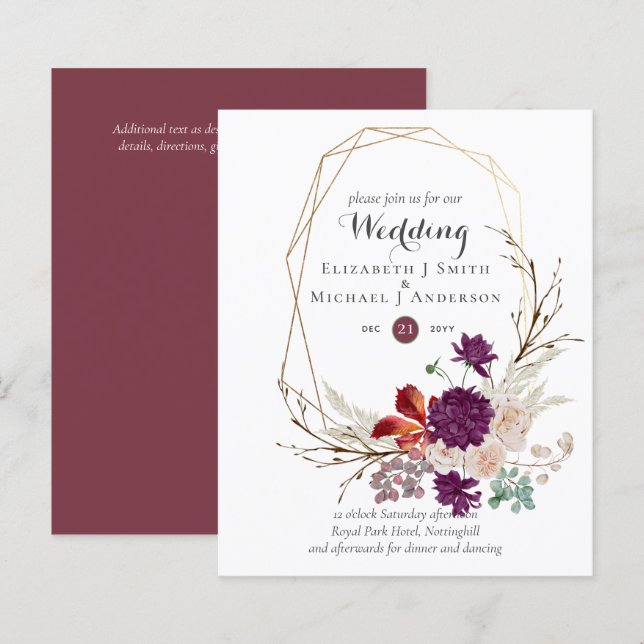 Budget Plum Pink Ginger Floral Wedding Invites (Front/Back)