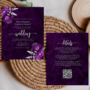 Budget Plum Silver Floral QR Code Wedding Invite