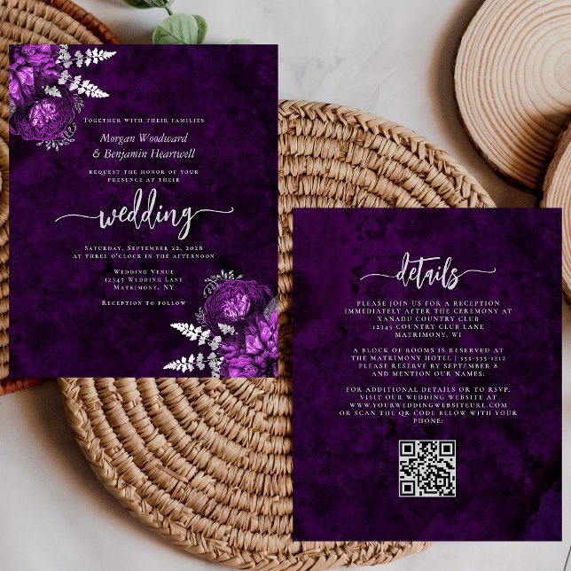 Budget Plum Silver Floral QR Code Wedding Invite (Creator Uploaded)