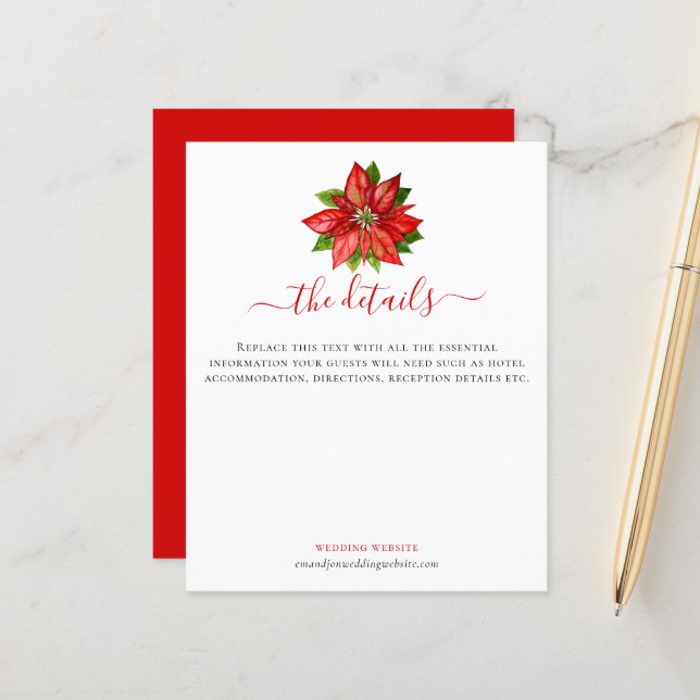 Budget Poinsettia Christmas Script Wedding Details (Front/Back In Situ)