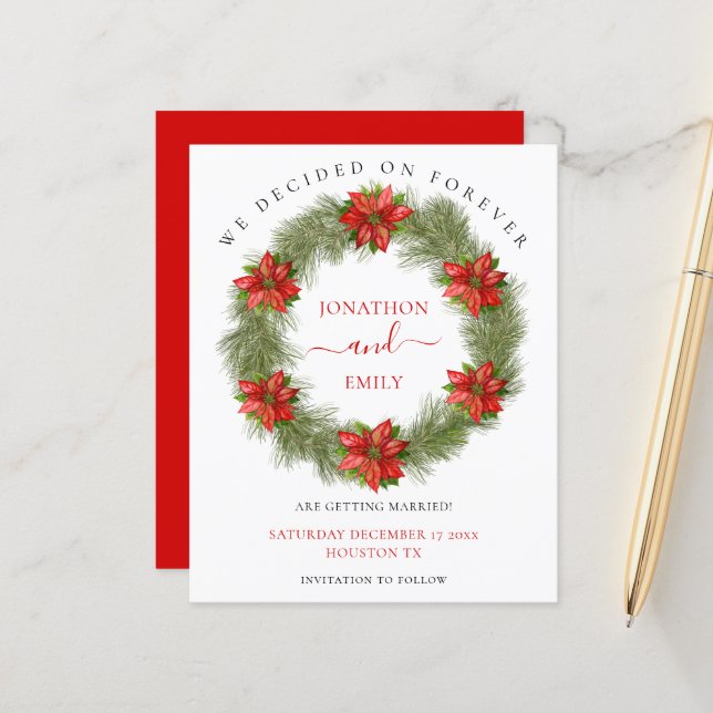 Budget Poinsettia Christmas Wedding Save the Date (Front/Back In Situ)