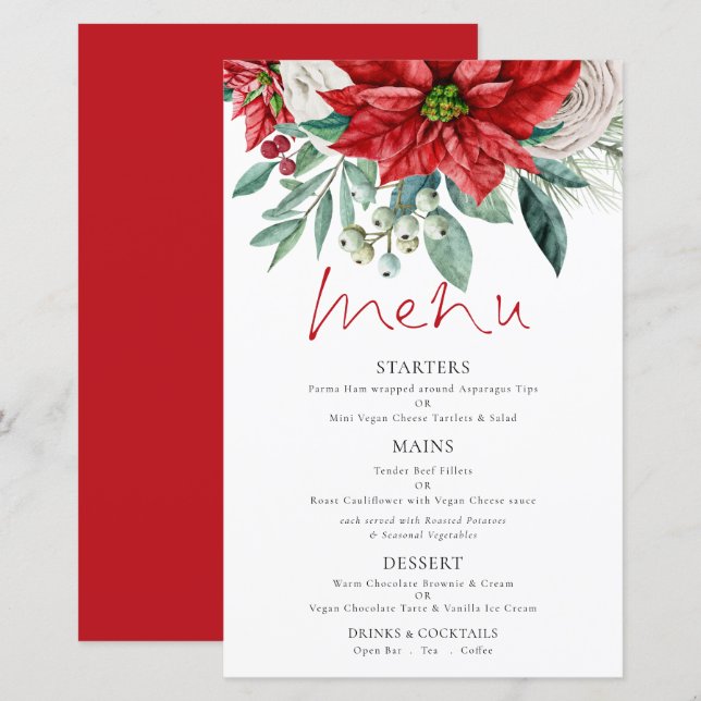 Budget Poinsettia Florals Wedding Menu (Front/Back)