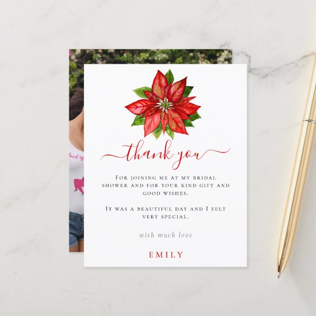 Budget Poinsettia Photo Bridal Shower Thank You (Front/Back In Situ)