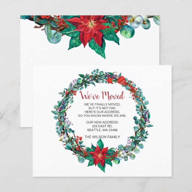 Budget Poinsettia Wreath We've Moved Holiday Card (Front/Back)