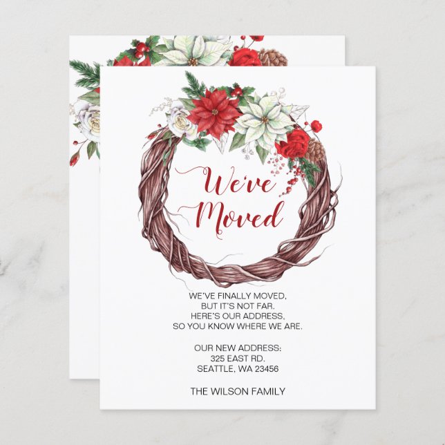 Budget Poinsettia Wreath We've Moved Holiday Card (Front/Back)