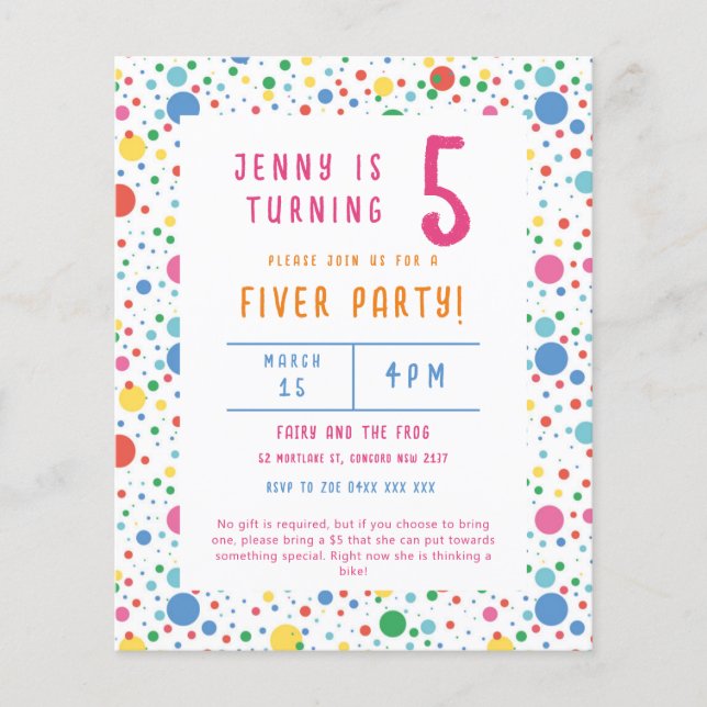 Budget Pokadot Fiver Party Birthday Invitation Flyer (Front)