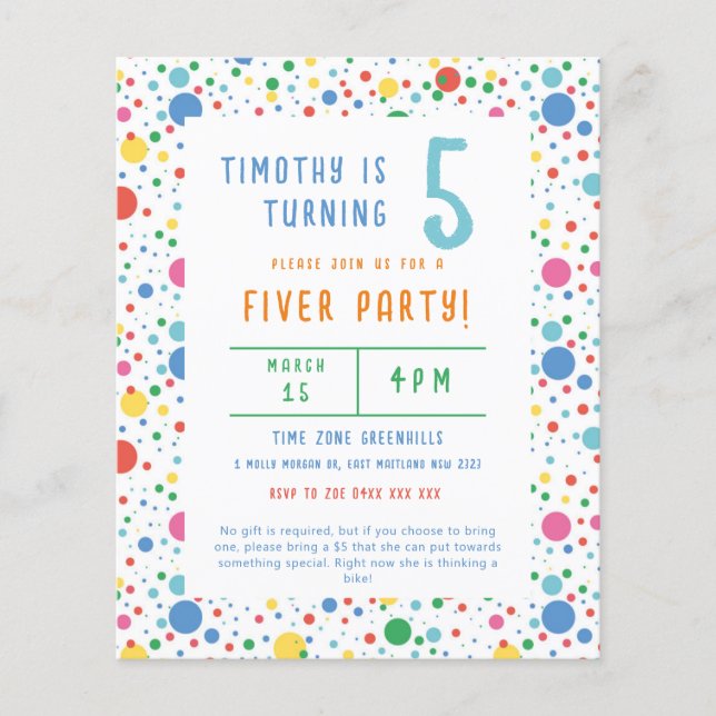 Budget Pokadot Fiver Party Birthday Invitation Flyer (Front)