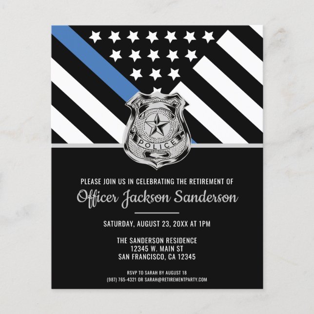 Budget Police Retirement Blue Line Flag Invitation (Front)