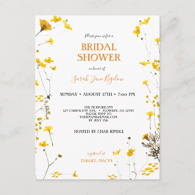 Budget Pressed Wildflower Boho Bridal Shower Invitation Postcard (Front)