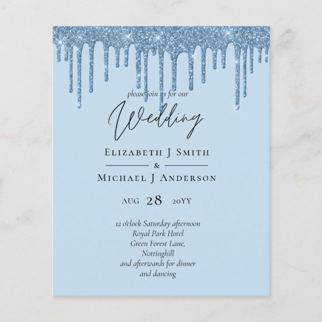 Budget Pretty Girly BLUE Glitter Wedding Invite (Front)