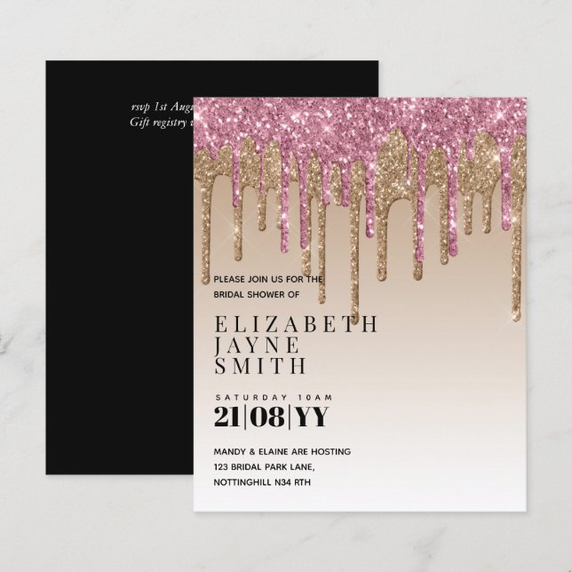 BUDGET Pretty Girly Bridal Shower Invites Glitter (Front/Back)