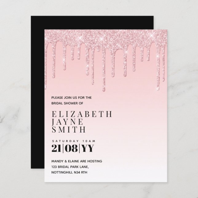 BUDGET Pretty Girly Bridal Shower Invites Glitter (Front/Back)